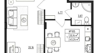 Продам квартиру 1 комнатную с общей площадью 43.24м2, 1/4 эт., на улице Жилой комплекс верево-сити, г. Малое Верево, Ленинградская обл., Россия, агентство Джойнио. Фотография №1