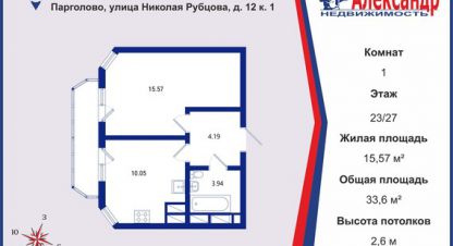 Продам квартиру 1 комнатную с общей площадью 33.6м2, 23/27 эт., на улице Николая рубцова ул, г. Парголово, Санкт-Петербург, Россия, агентство Интернет-партнер. Фотография №1