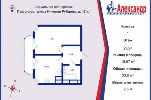 Продам квартиру 1 комнатную с общей площадью 33.6м2, 23/27 эт., на улице Николая рубцова ул, г. Парголово, Санкт-Петербург, Россия, агентство Интернет-партнер