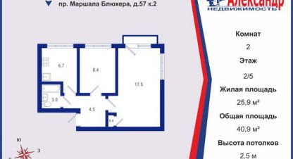Продам квартиру 2-х комнатную с общей площадью 40.9м2, 2/5 эт., на улице Маршала блюхера пр-кт, Красногвардейский район, г. Санкт-Петербург, Санкт-Петербург, Россия, агентство Интернет-партнер. Фотография №1