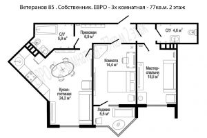 Продам квартиру 2-х комнатную с общей площадью 71.5м2, 2/15 эт., на улице Ветеранов ул, Западный окр район, г. Краснодар, Краснодарский край, Россия, агентство Аурус-Риэлт