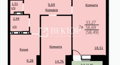 Купить квартиру 2-х комнатную, 58.49 кв. м. Фотография №1 Продам квартиру 2-х комнатную с общей площадью 58.49м2, 5/14 эт., на улице Красноборская, г. Ярославль, Ярославская обл., Россия, агентство Вектор. Фотография №1